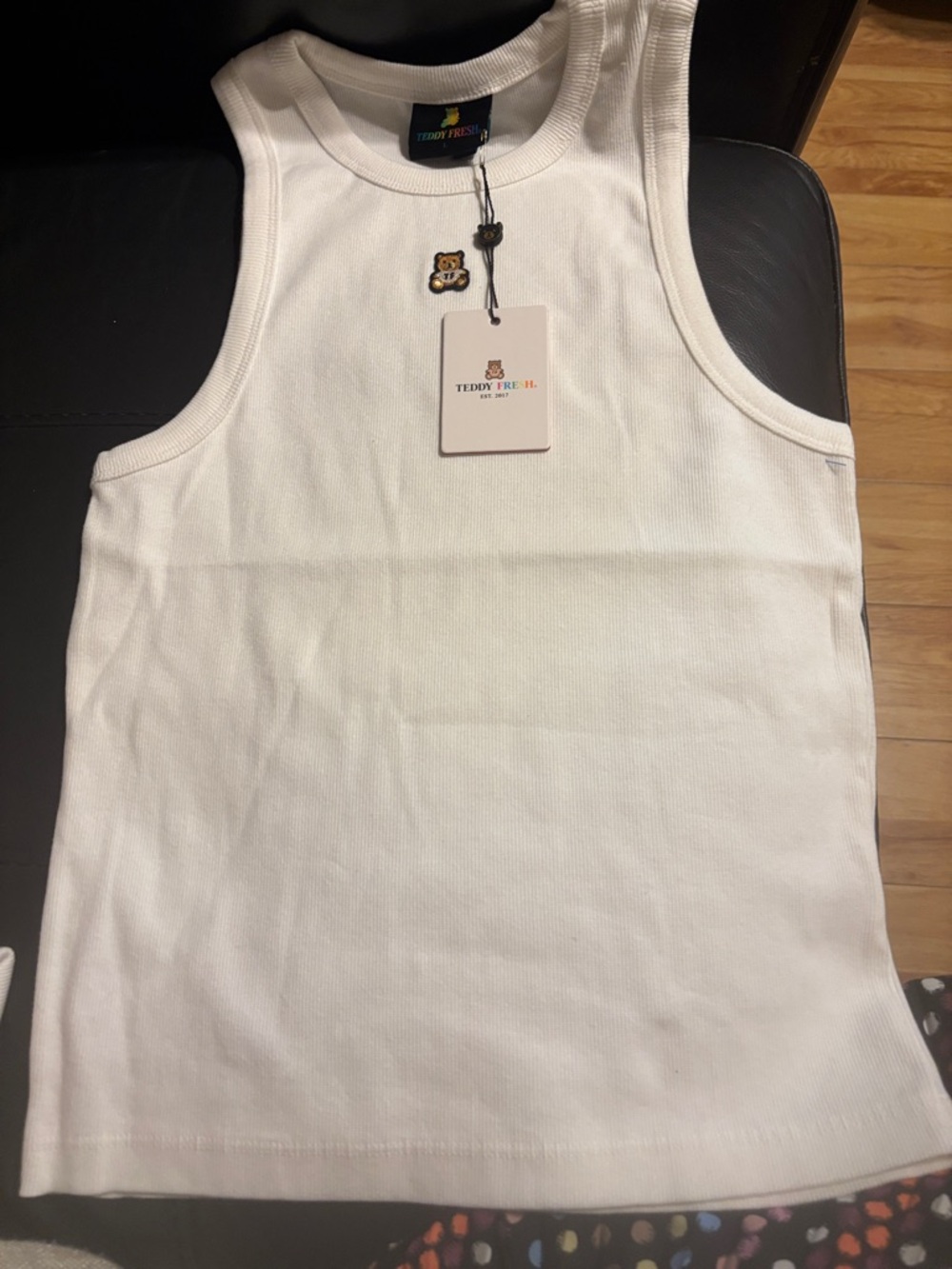 Teddy Fresh White Ribbed Crop Tank with Embroidered Teddy package of 2